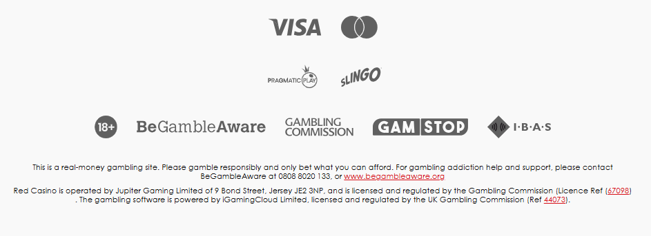 Red Casino compliance — VISA Mastercard, Pragmatic Play, Slingo, BeGambleAware, Gambling Commission, GamStop, IBAS