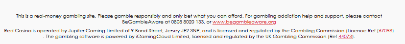 Red Casino — responsible gambling disclaimer, UKGC licence, BeGambleAware, 18+