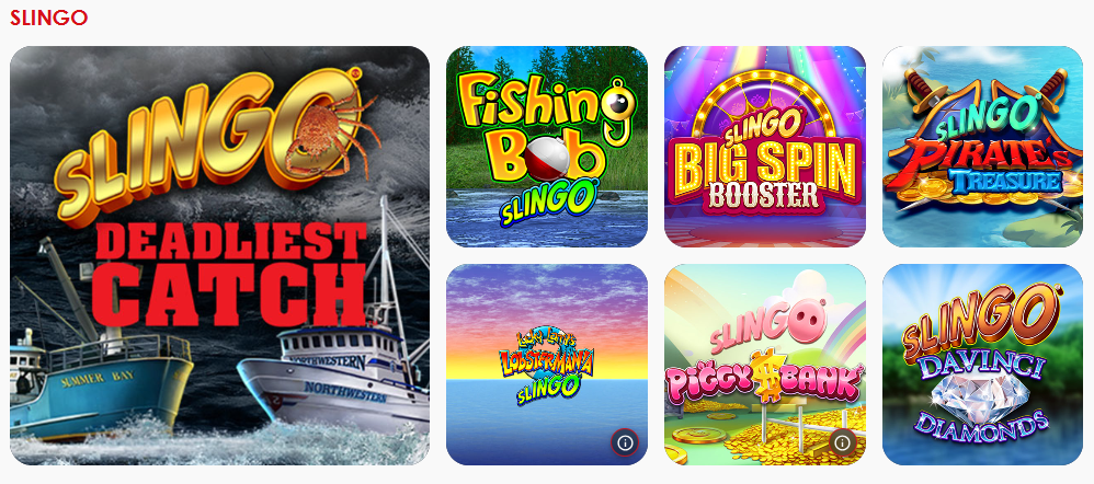 Red Casino Slingo games — Deadliest Catch, Fishing Bob, Big Spin Booster, Pirate's Treasure, DaVinci Diamonds